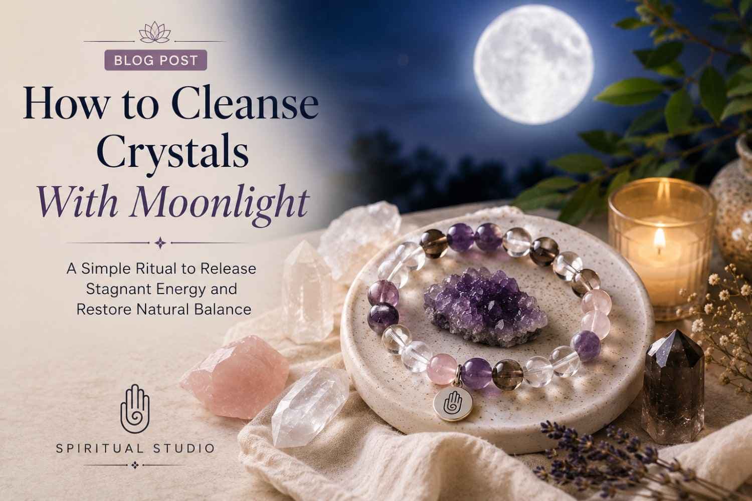 Moonlight crystal cleansing ritual with natural healing crystals